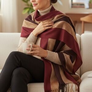 Burgundy & Gold Pashmina Shawl Silk Blend  Sequin Accents